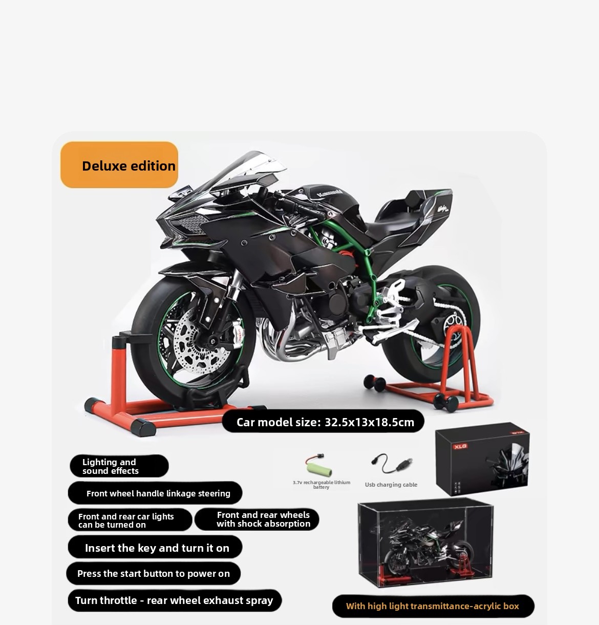 Kawasaki H2R Dynamic Motorcycle Alloy Model 1:6 Large Simulation Locomotive Ignite Start Model