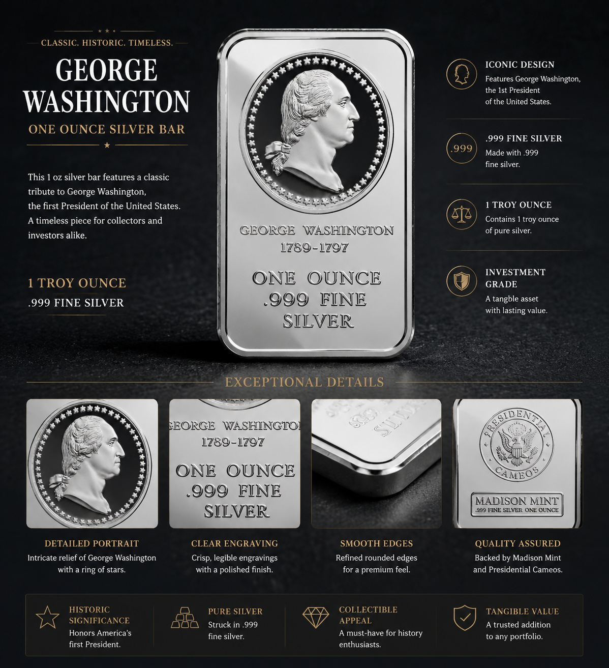 George Washington 1 oz Silver Art Bar - Presidential Cameos