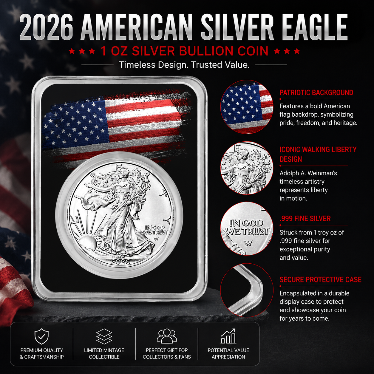 2026 1 oz Silver Eagle - w/American Flag, Black Card, In TEP