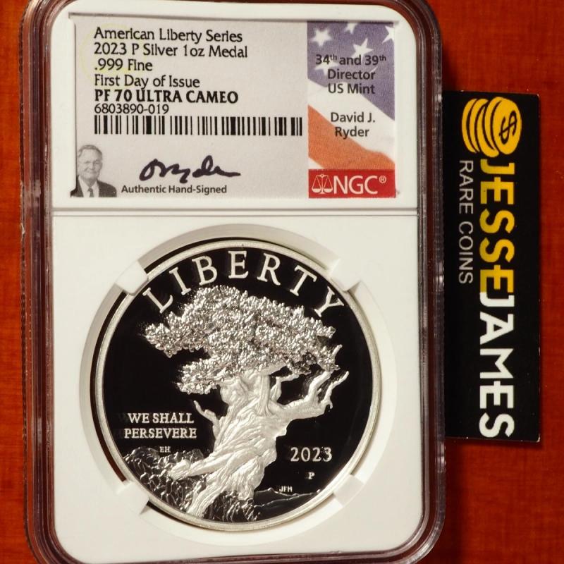 2023-P AMERICAN LIBERTY PROOF SILVER MEDAL NGC PF70 FIRST DAY ISSUE FDI RYDER