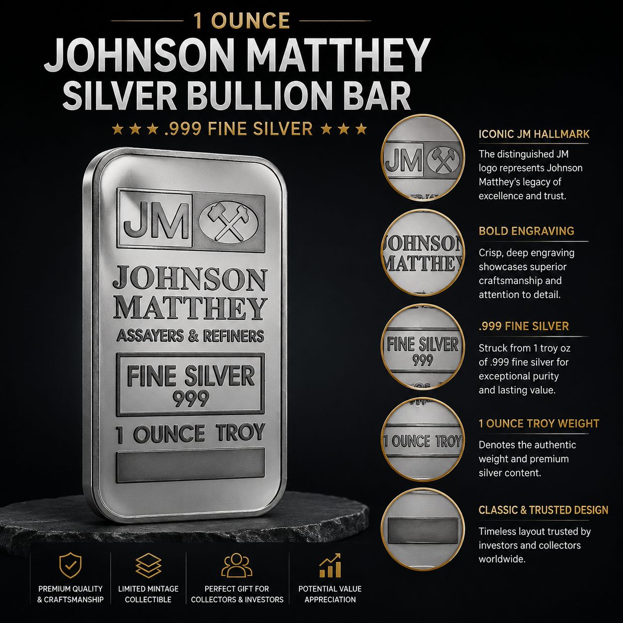 Johnson Matthey Assayers & Refiners 1 oz .999 Fine Silver Bar - Sealed