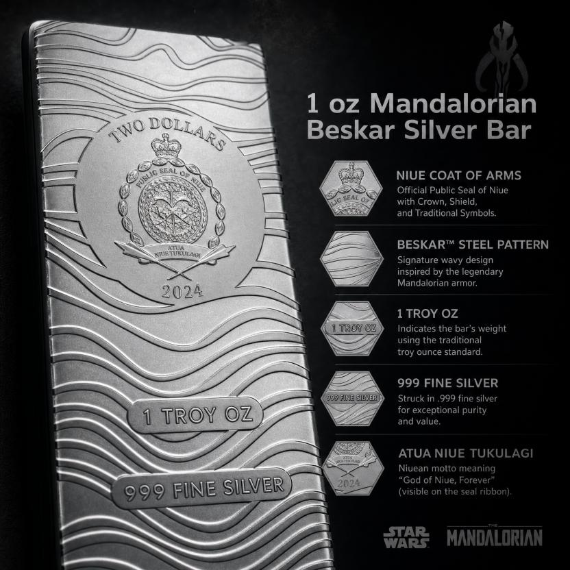 2024 Niue 1 oz Silver $2 Star Wars: Mandalorian Beskar Bar
