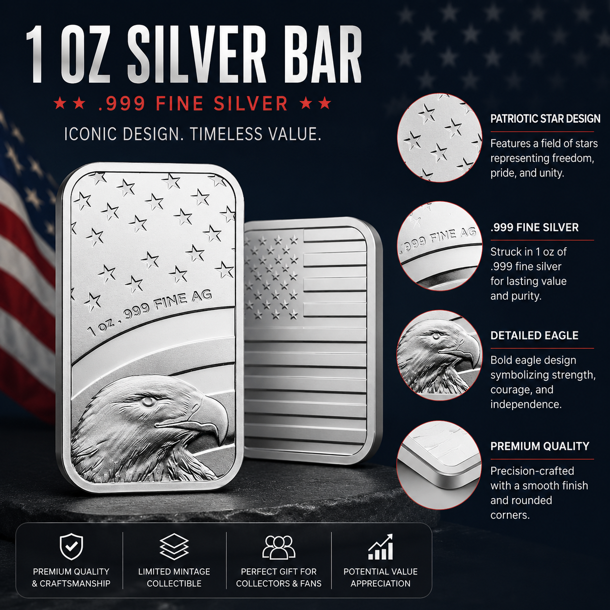 1 oz Silver Bar - American Flag Design in Stars & Stripes TEP
