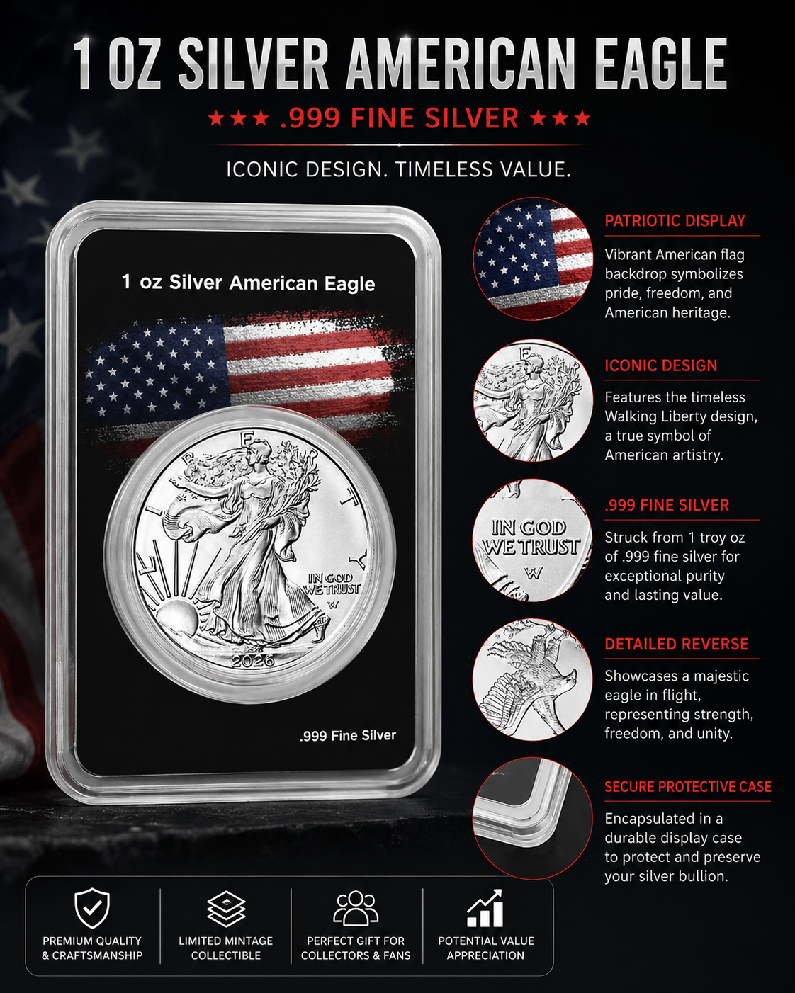 2026 1 oz Silver Eagle - w/American Flag, Black Card, In TEP