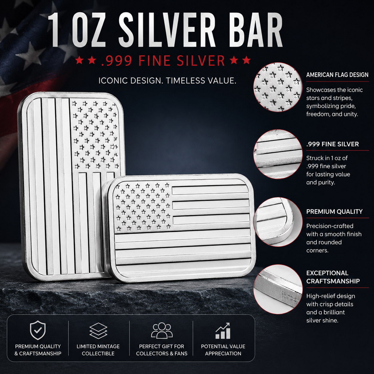 1 oz Silver Bar - American Flag Design in Stars & Stripes TEP