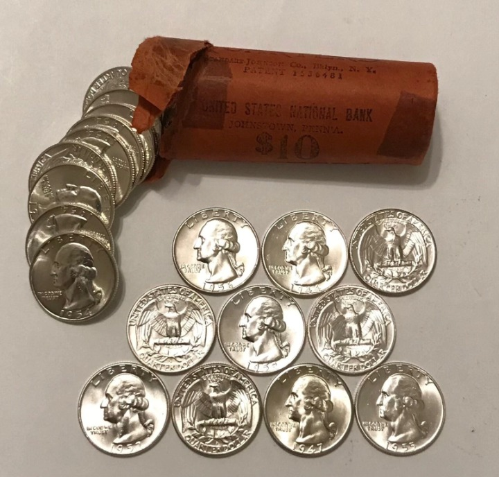 1932-1964 (10Pcs) Washington Quarters From OBW Roll Estate CHOICE-GEM Bu Unc 90% Silver