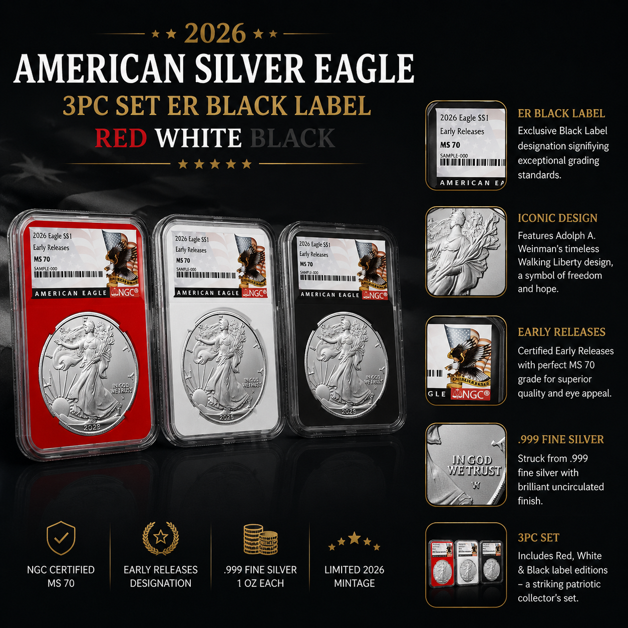 2026 American Silver Eagle 3pc Set ER Black Label Red White Black