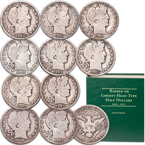 1900-1909 (10Pcs) Barber Half Dollar Set CHOICE-GEM Proof 90% Silver