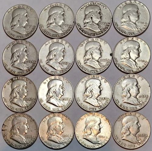 (16) Franklin Silver Half Dollars Partial Roll Lot Mixed Dates - Picture 1 of 10