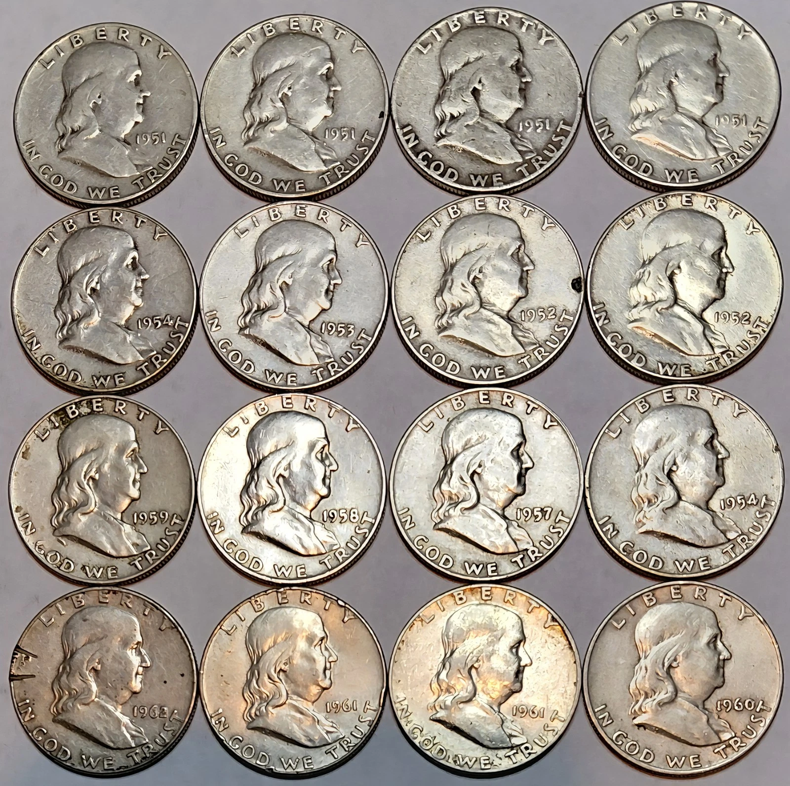 (16Pcs)1948-1963 Franklin Silver Half Dollar Set AU