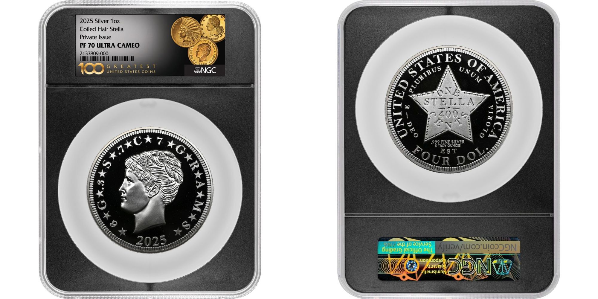 2025 1oz Silver Stella Coiled Hair NGC Proof 70 Ultra Cameo 100 Greatest US Coins Label