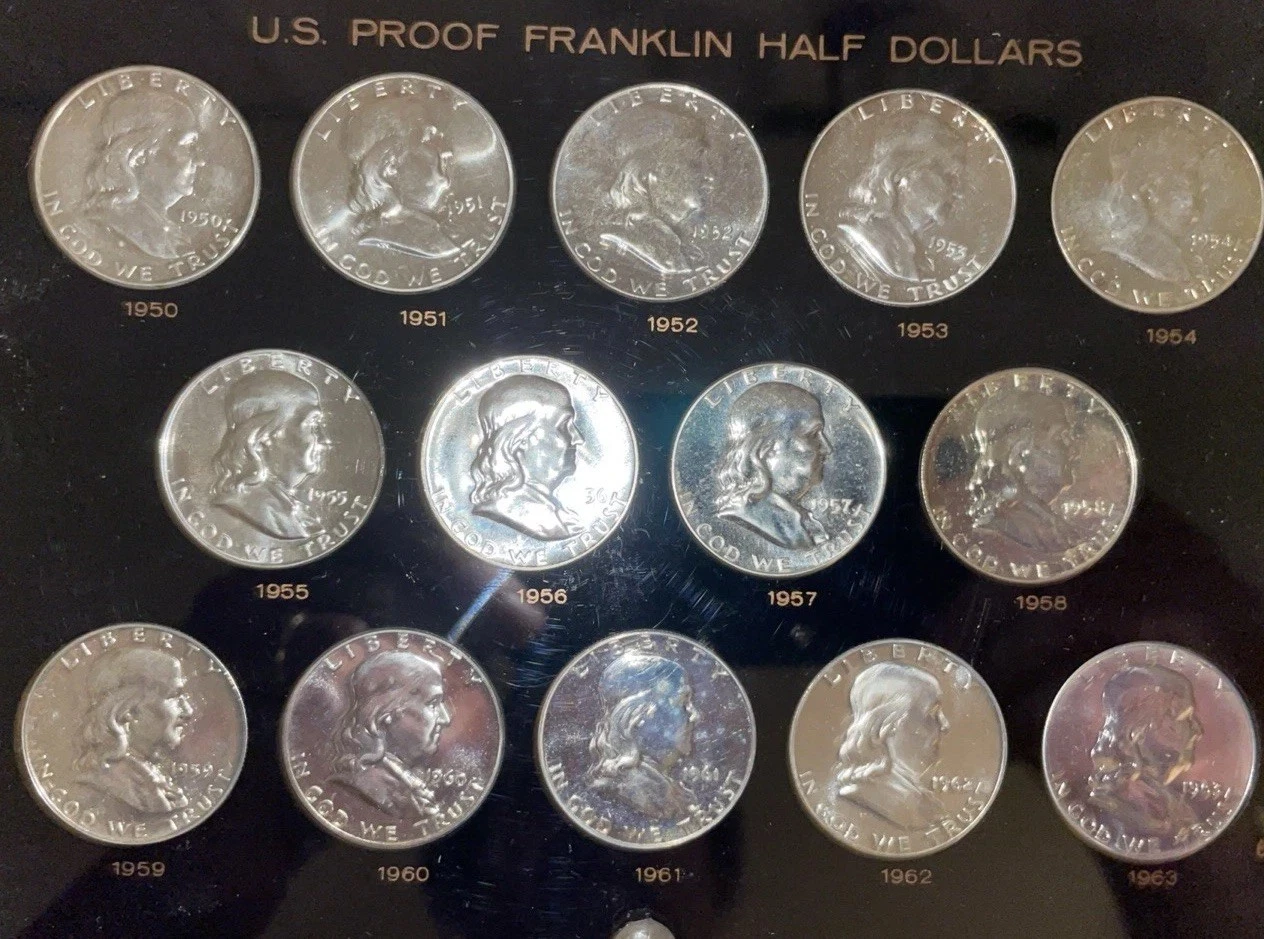 1950-1963 (14Pcs) Franklin Half Dollars From OBW Roll Estate CHOICE-GEM Bu Proof 90% Silver