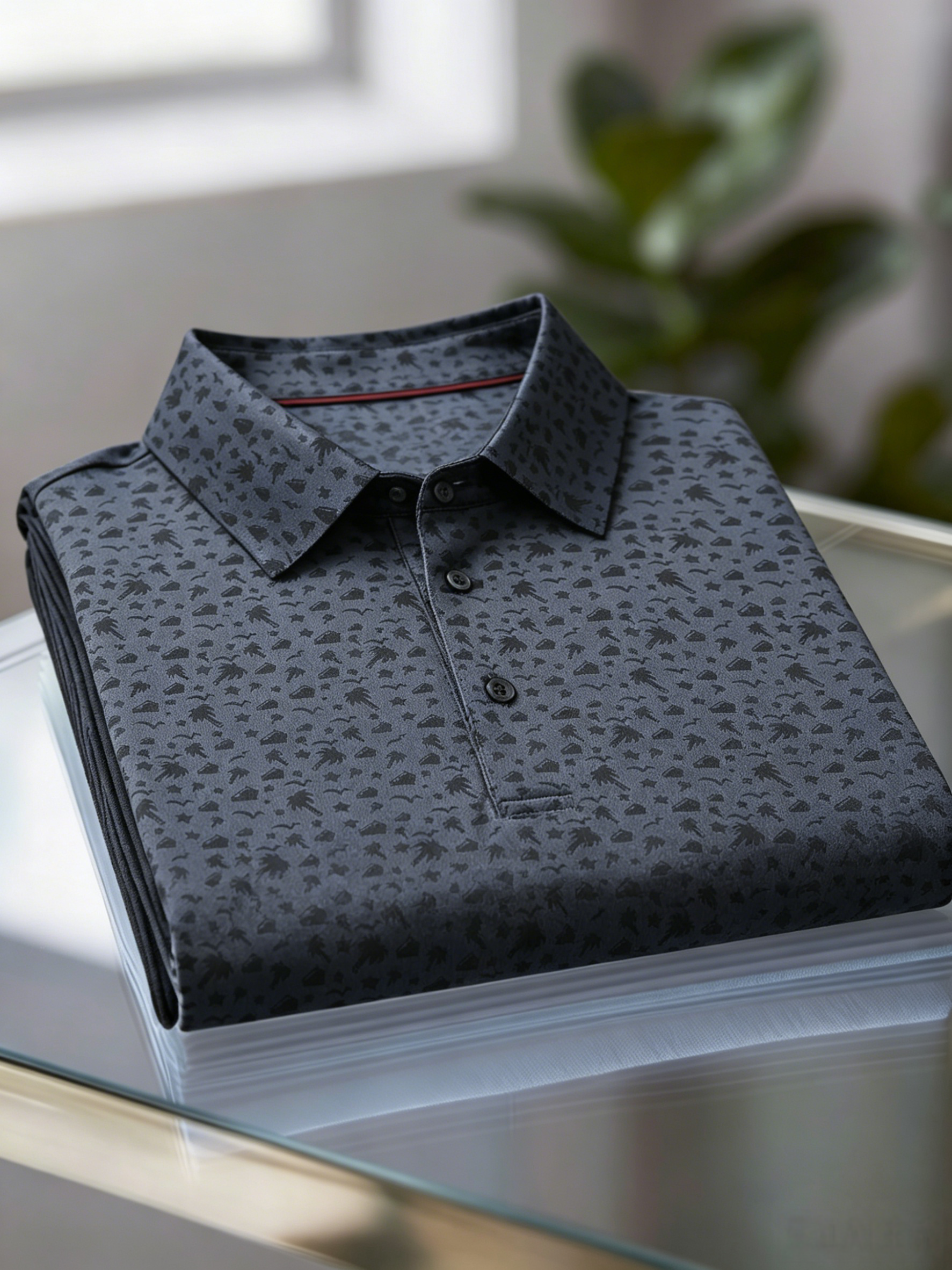 Men's Business Casual Jacquard Button Short Sleeve Polo Shirt