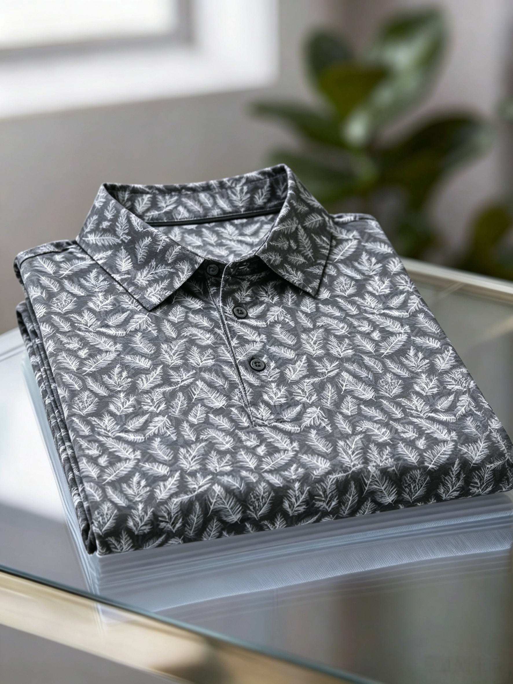 Men's Business Casual Jacquard Button Short Sleeve Polo Shirt