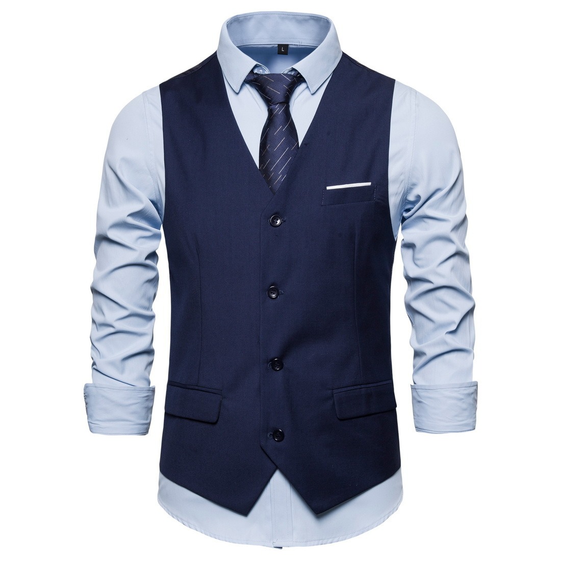 Men's Fashionable Solid Color Design Single-Breasted Pocket Design Versatile Slim-Fitting Vest