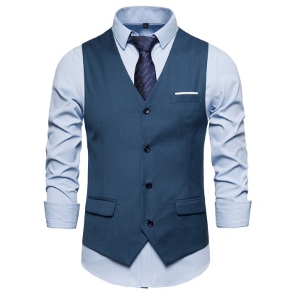 Men's Fashionable Solid Color Design Single-Breasted Pocket Design Versatile Slim-Fitting Vest