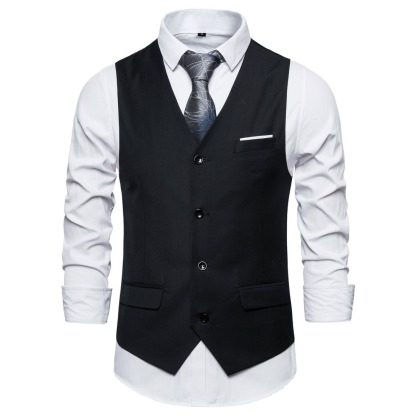 Men's Fashionable Solid Color Design Single-Breasted Pocket Design Versatile Slim-Fitting Vest
