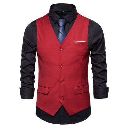 Men's Fashionable Solid Color Design Single-Breasted Pocket Design Versatile Slim-Fitting Vest