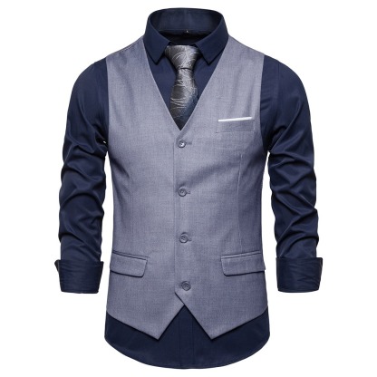 Men's Fashionable Solid Color Design Single-Breasted Pocket Design Versatile Slim-Fitting Vest