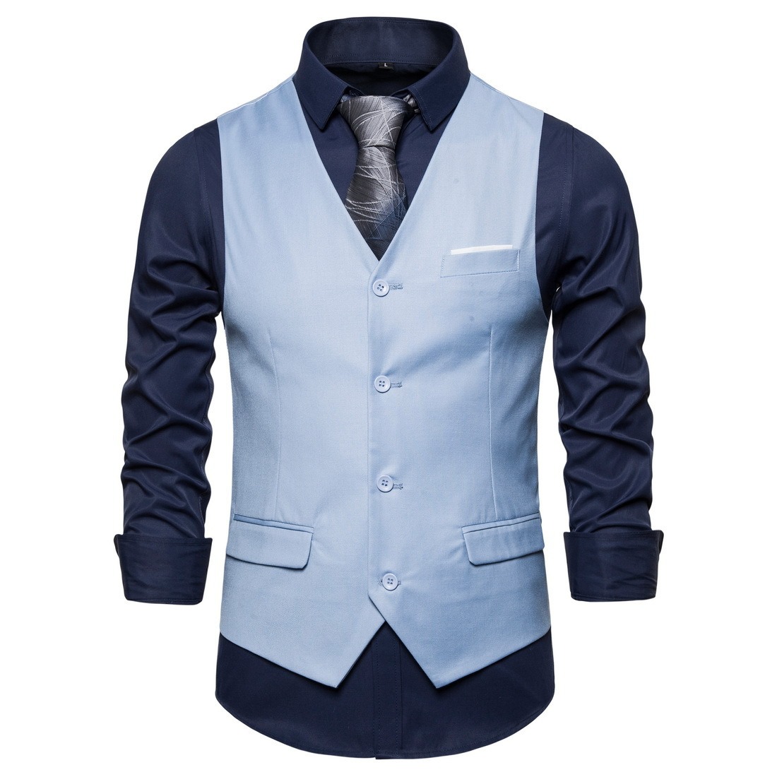 Men's Fashionable Solid Color Design Single-Breasted Pocket Design Versatile Slim-Fitting Vest