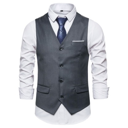 Men's Fashionable Solid Color Design Single-Breasted Pocket Design Versatile Slim-Fitting Vest