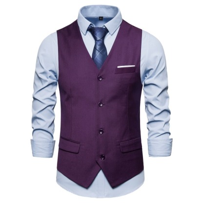Men's Fashionable Solid Color Design Single-Breasted Pocket Design Versatile Slim-Fitting Vest