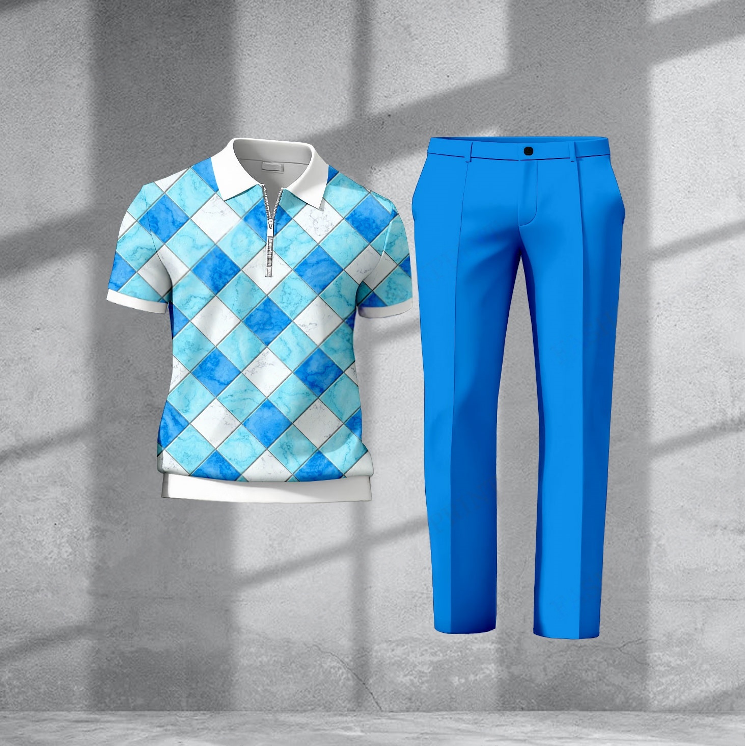 Men's Casual Rhombus-Shaped Sky Blue & White Printed Polo Half-Zip Short-Sleeve T-Shirt And Pants Two-Piece Set