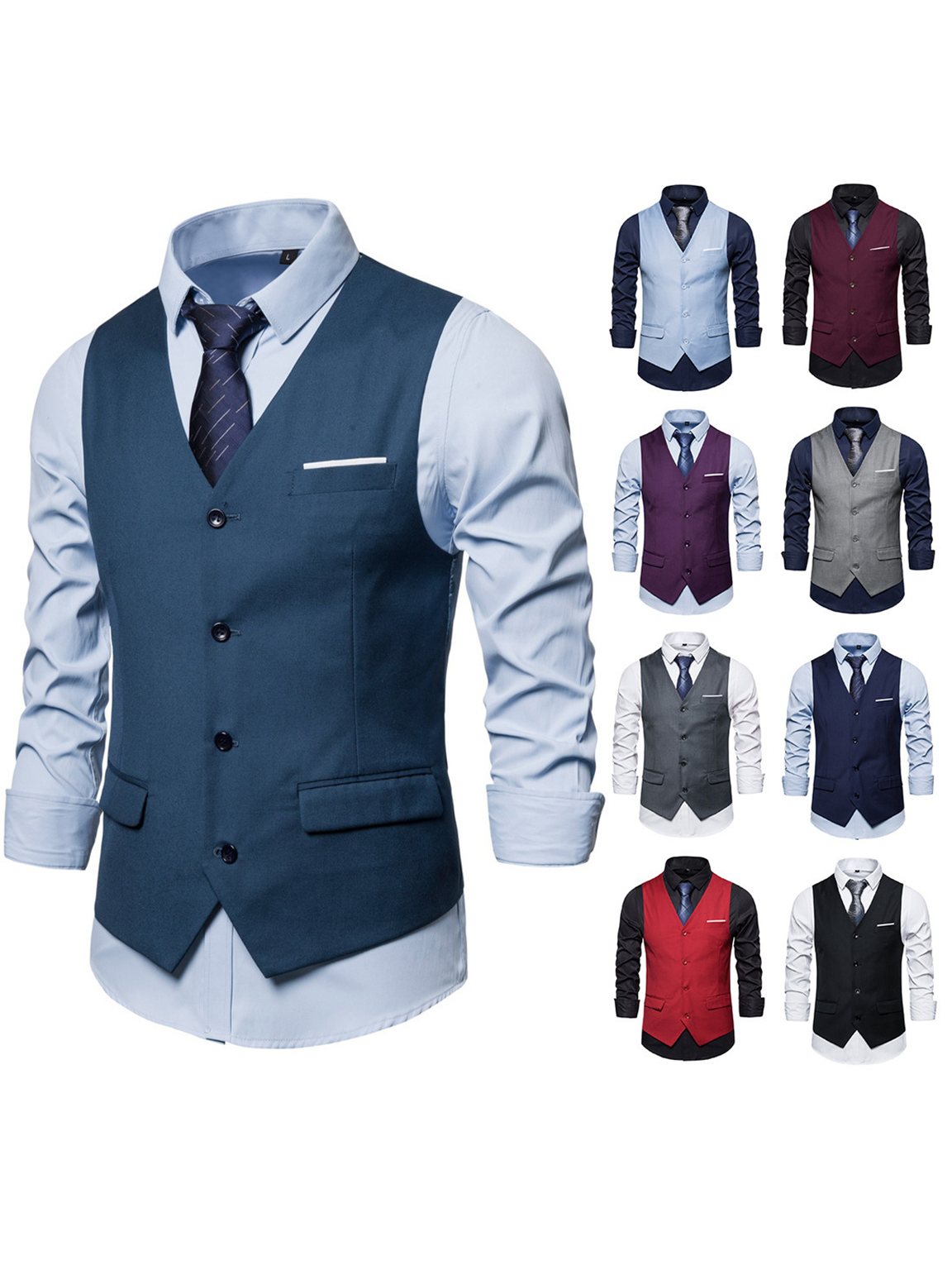 Men's Fashionable Solid Color Design Single-Breasted Pocket Design Versatile Slim-Fitting Vest