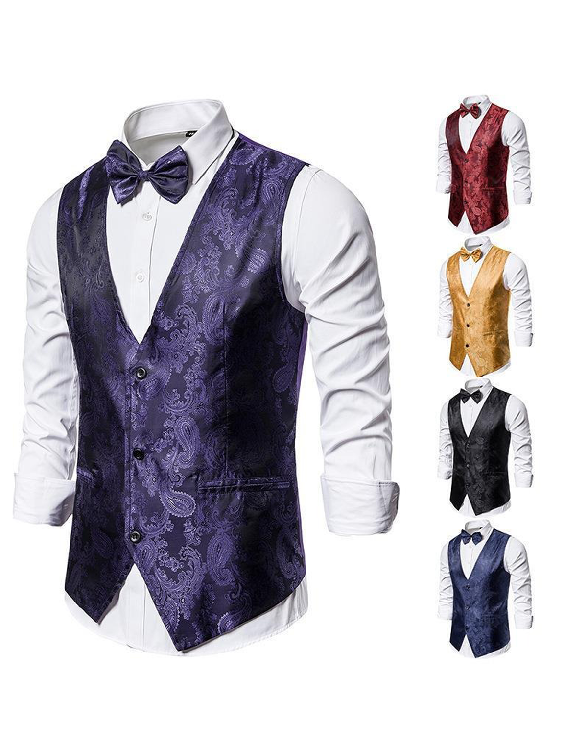 Mens Hipster Metallic Paisley Printed Single Breasted V-Neck Suit Vest/Tuxedo Waistcoat