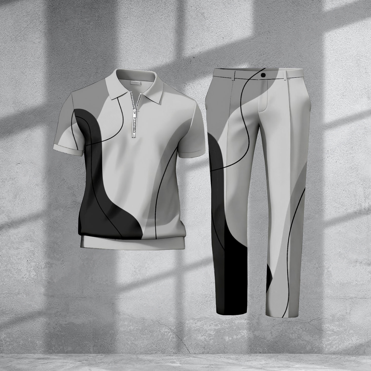 Men's Casual Black & White Printed Polo Short-Sleeve  Zip-Up Top  And Pants Two-Piece Set