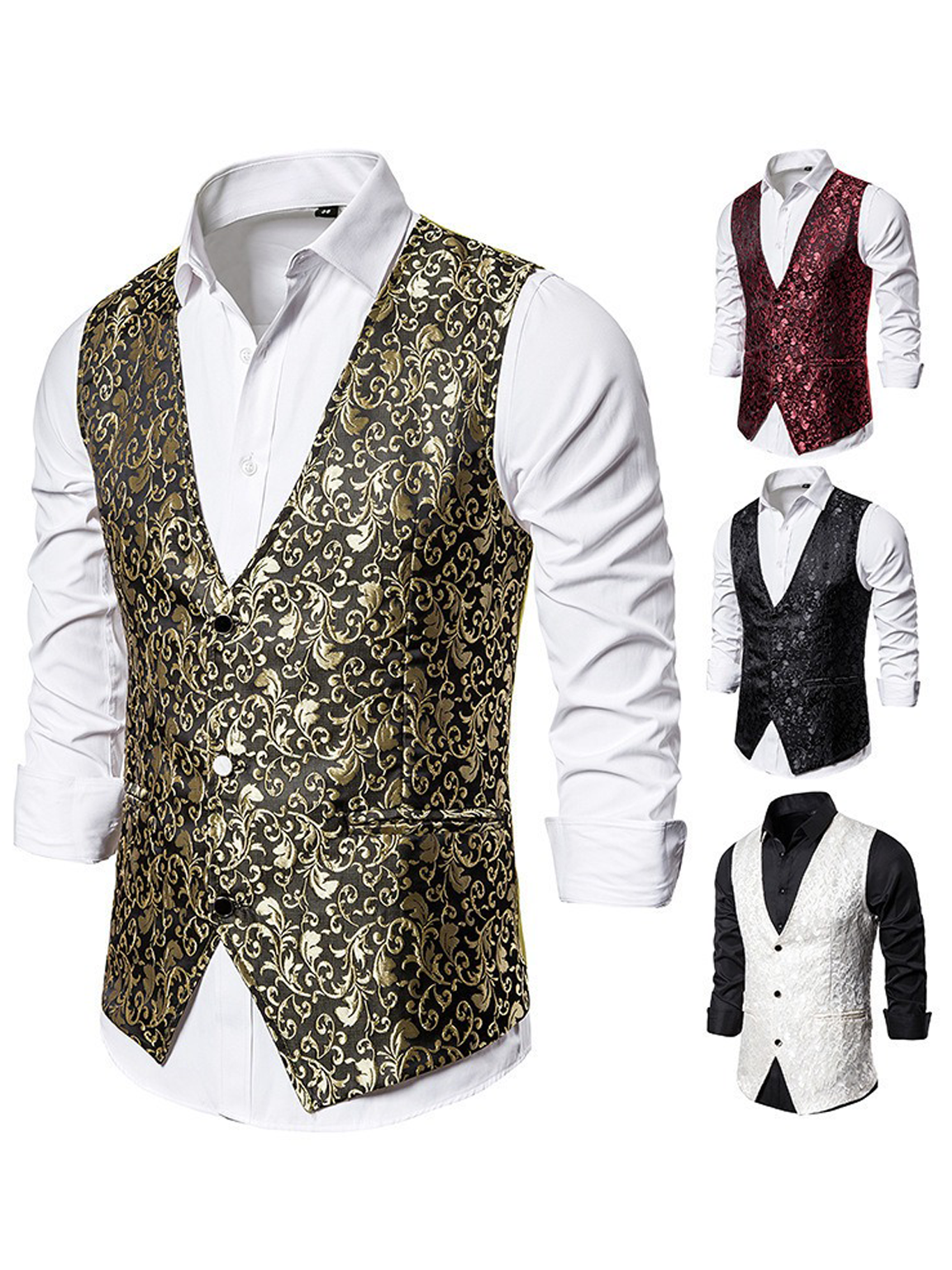 Mens Hipster Metallic Jacquard Single Breasted V-Neck Suit Vest/Tuxedo Waistcoat