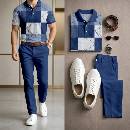 Men's Casual Dark Blue Geometric Printed Polo Shirt And Pants Two-Piece Set