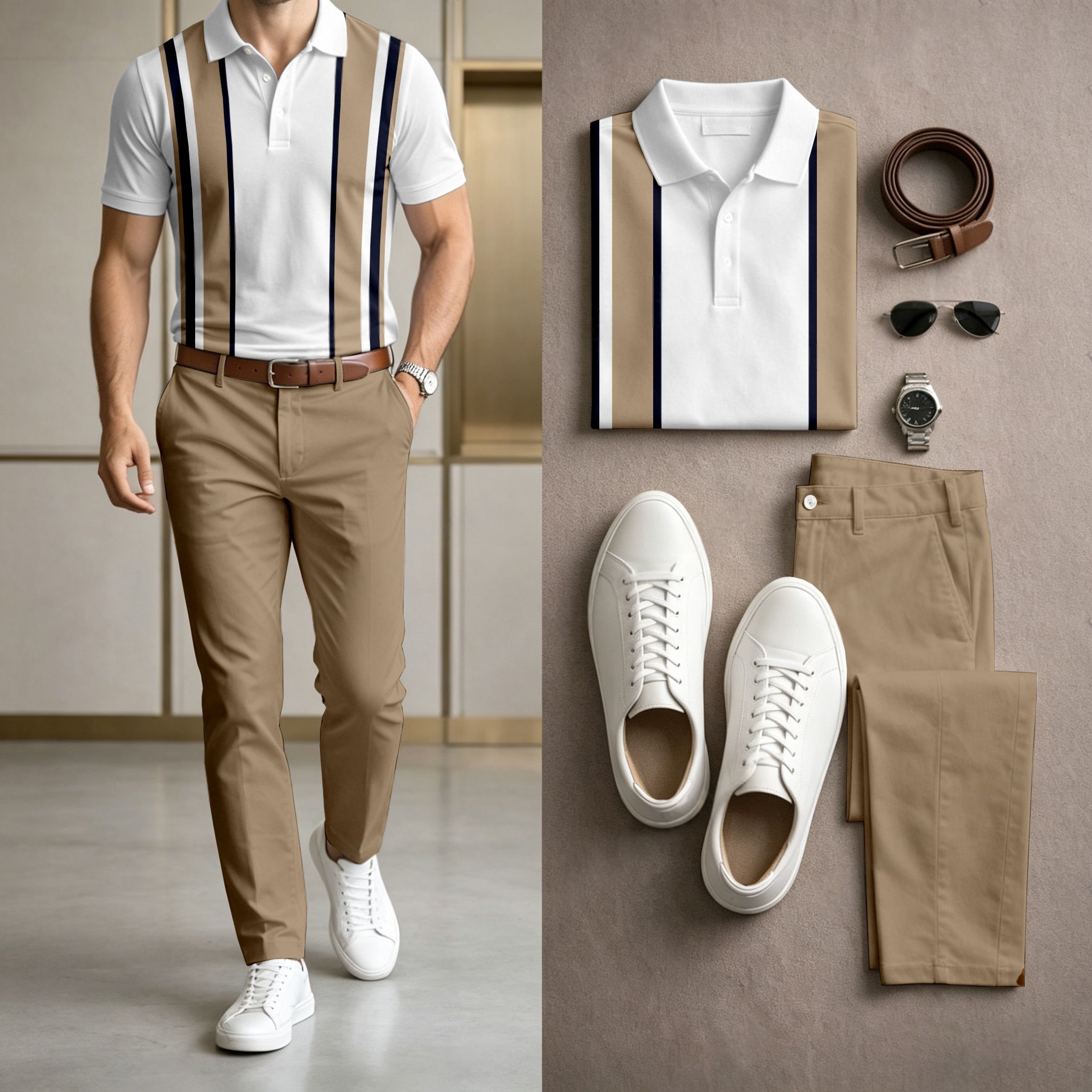 Men's Casual Khaki White Printed Polo Shirt And Pants Two-Piece Set