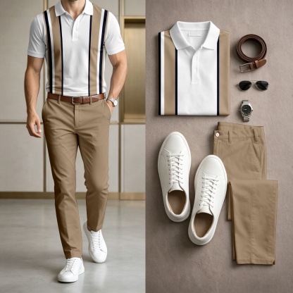 Men's Casual Khaki White Printed Polo Shirt And Pants Two-Piece Set
