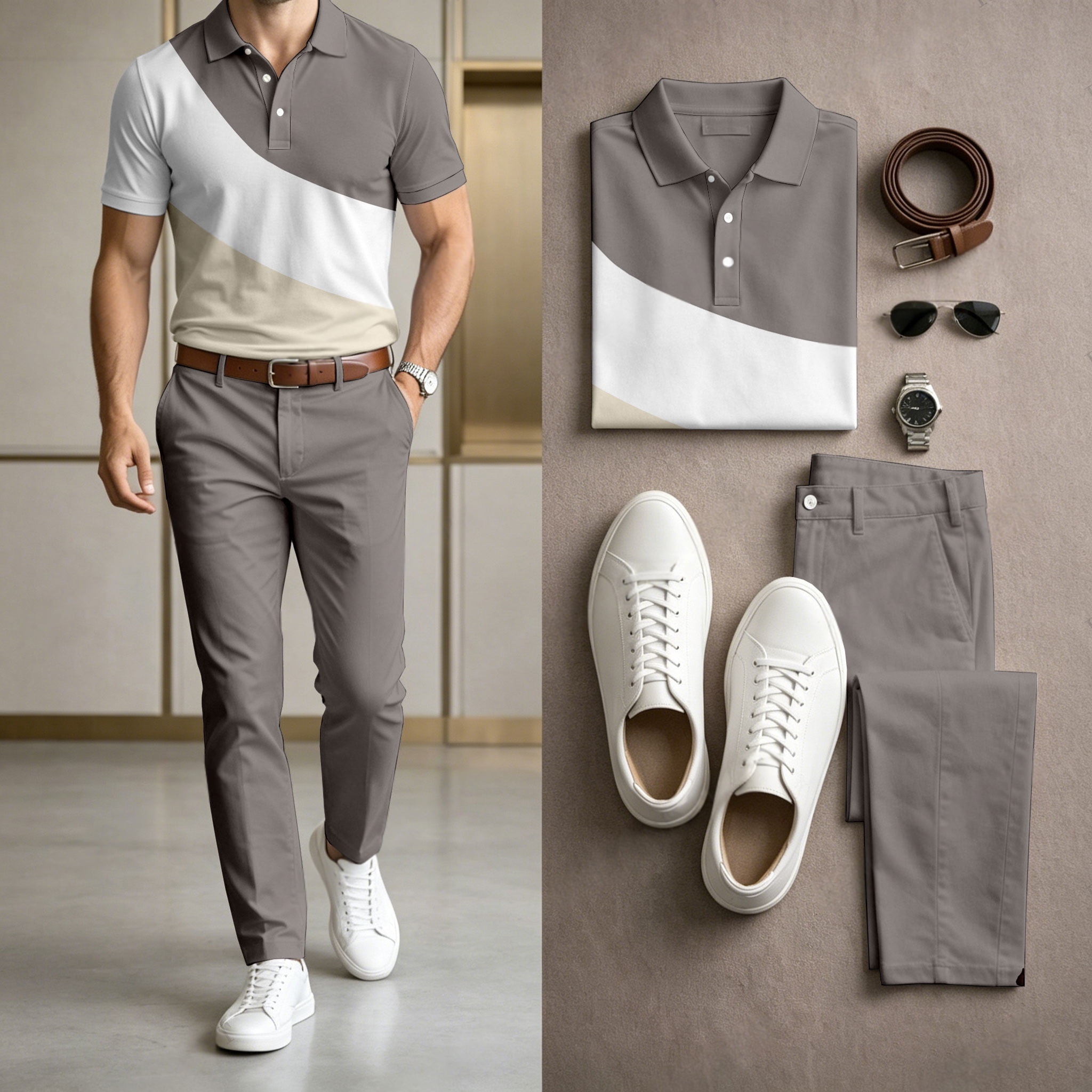 Men's Casual Gray & White Geometry Printed Polo Shirt And Pants Two-Piece Set