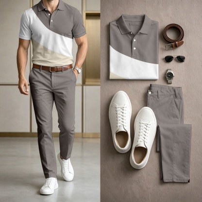 Men's Casual Gray & White Geometry Printed Polo Shirt And Pants Two-Piece Set