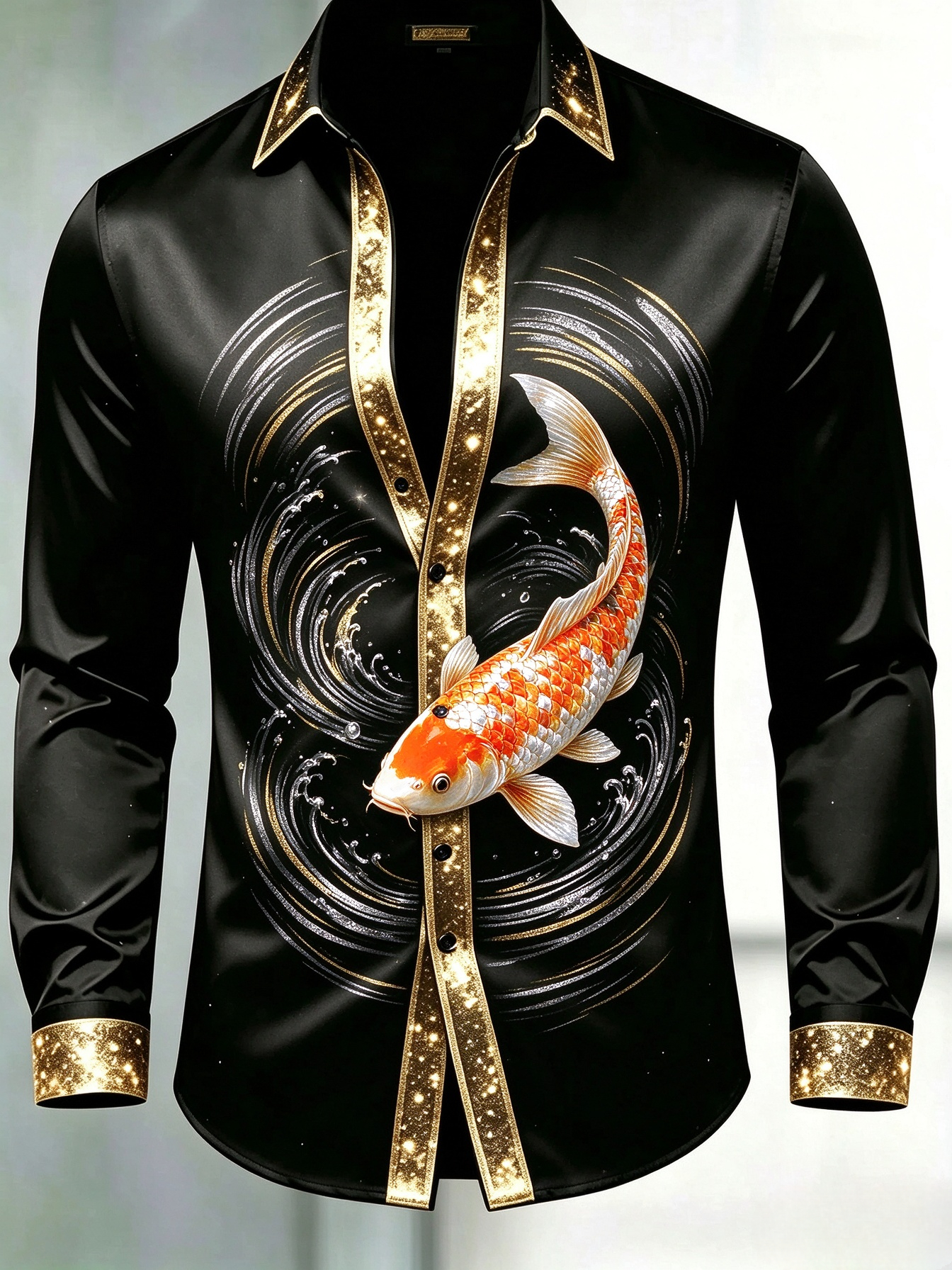 Men's Black & Gold Glitter Trim Koi Fish Wave Dress Shirt