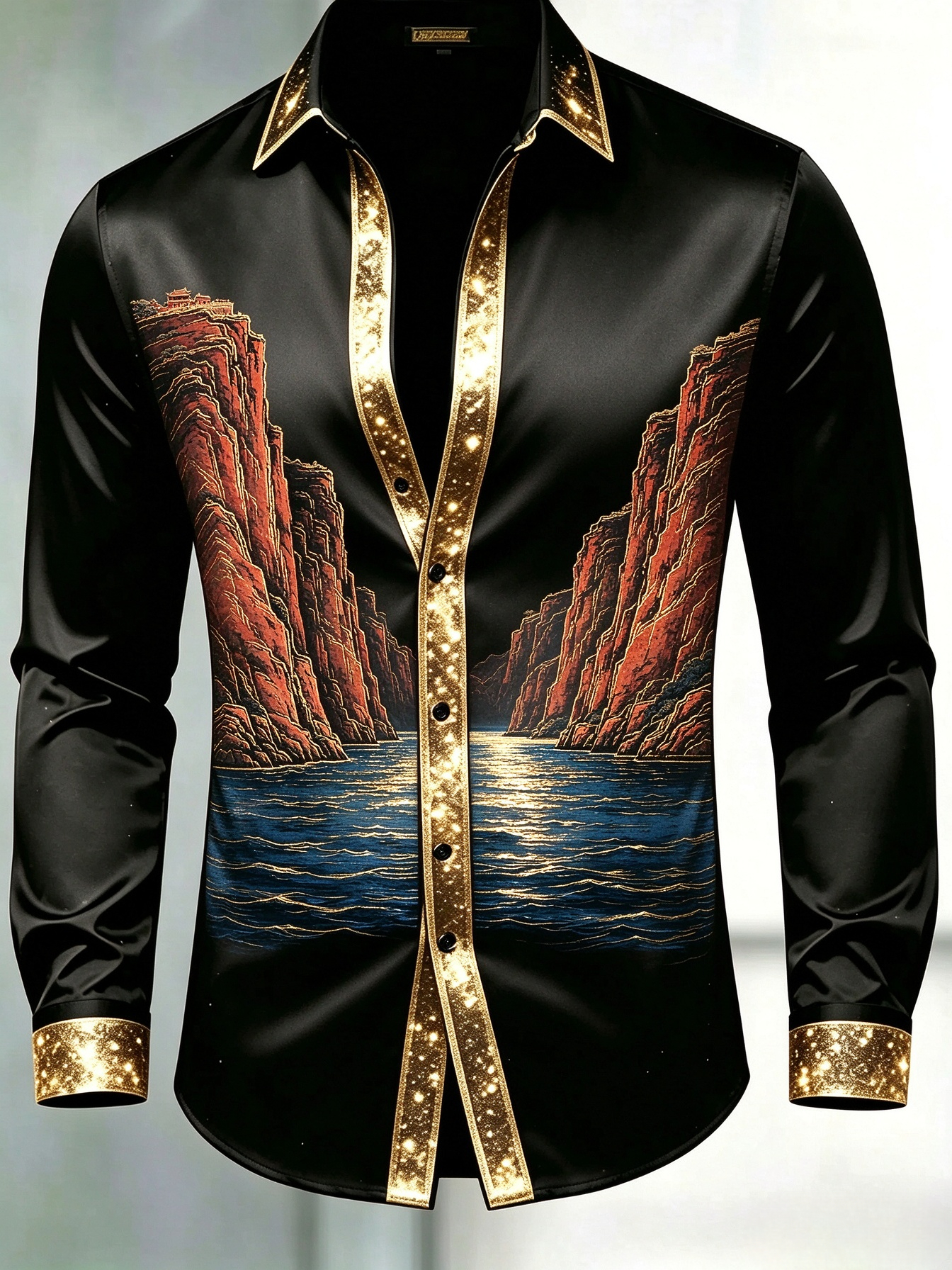 Men's Black & Gold Glitter Trim Red Cliff River Landscape Dress Shirt