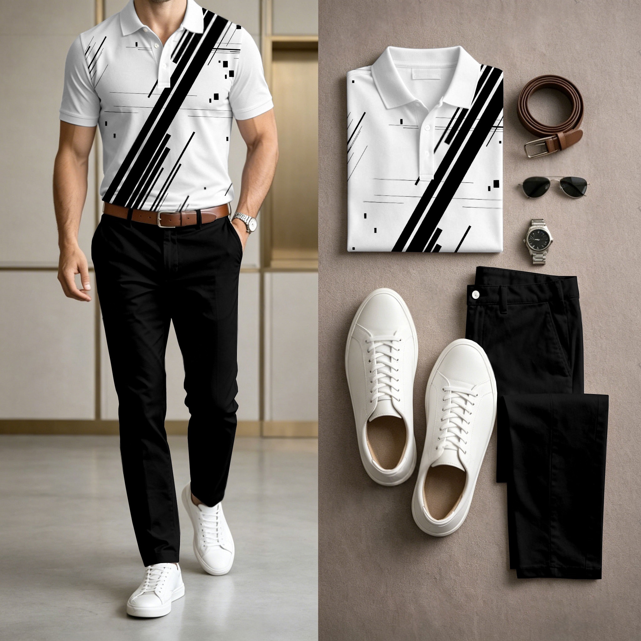 Men's Casual Black & White Printed Polo Shirt And Pants Two-Piece Set