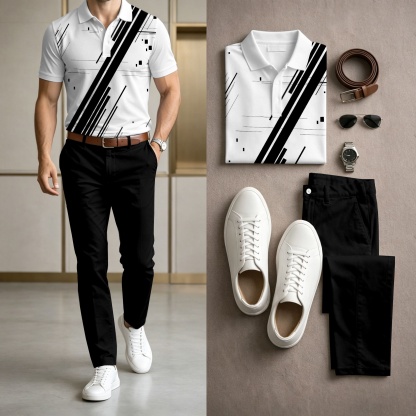 Men's Casual Black & White Printed Polo Shirt And Pants Two-Piece Set