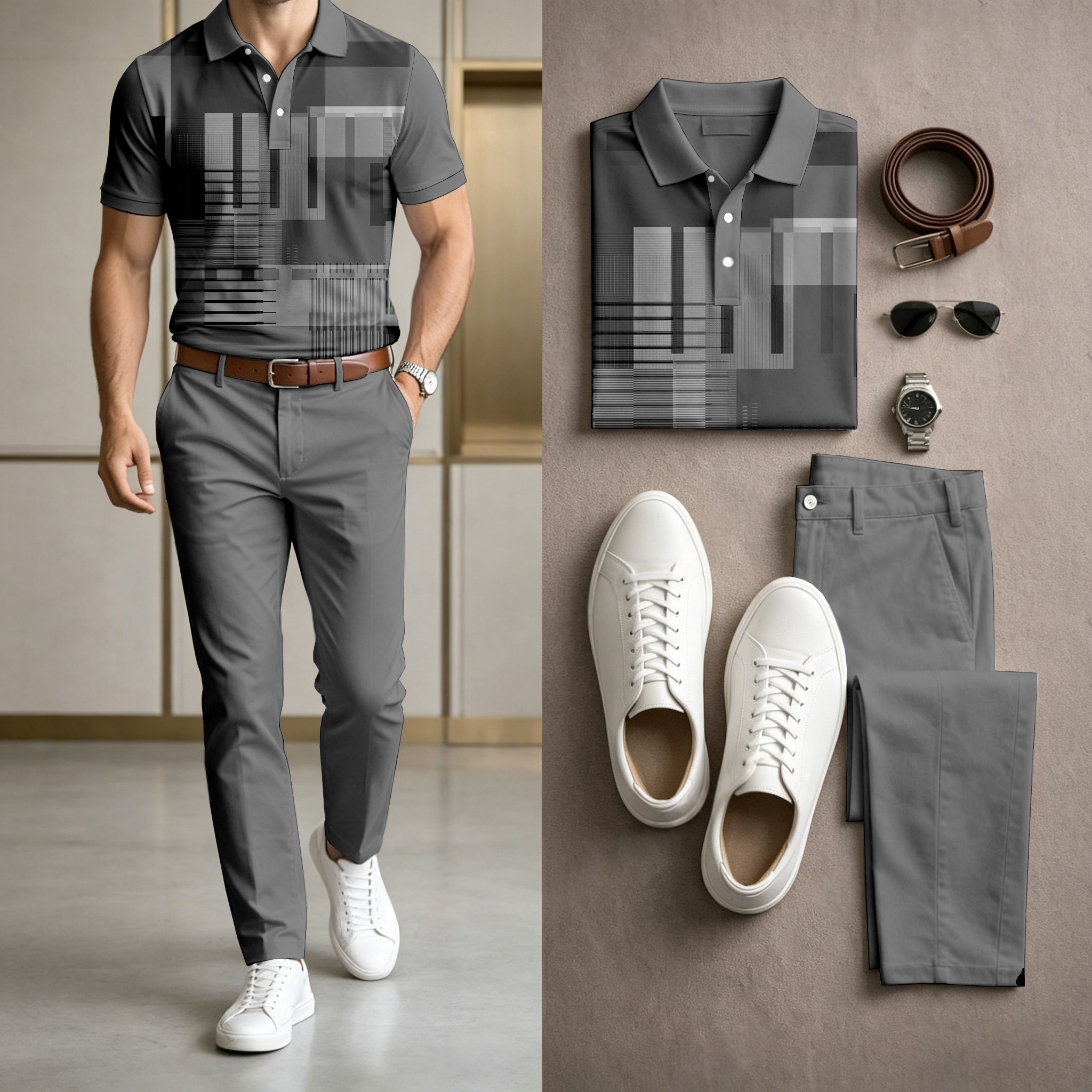 Men's Casual Dark Gray Printed Polo Shirt And Pants Two-Piece Set