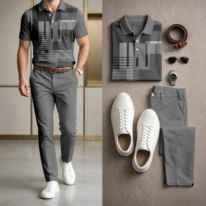 Men's Casual Dark Gray Printed Polo Shirt And Pants Two-Piece Set
