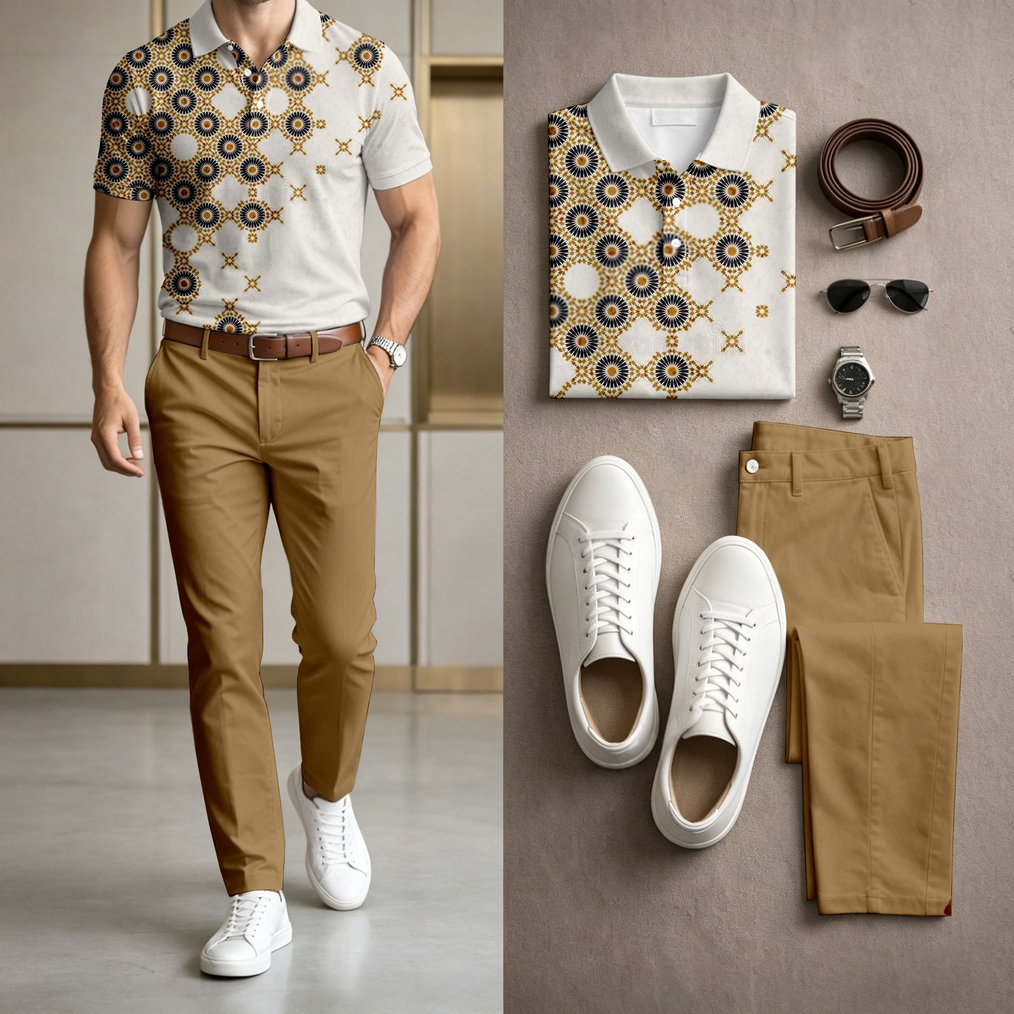 Men's Casual Gold Dots Printed Polo Shirt And Pants Two-Piece Set