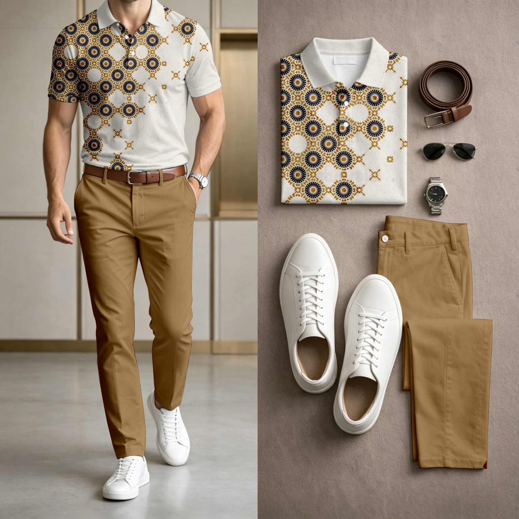 Men's Casual Gold Dots Printed Polo Shirt And Pants Two-Piece Set