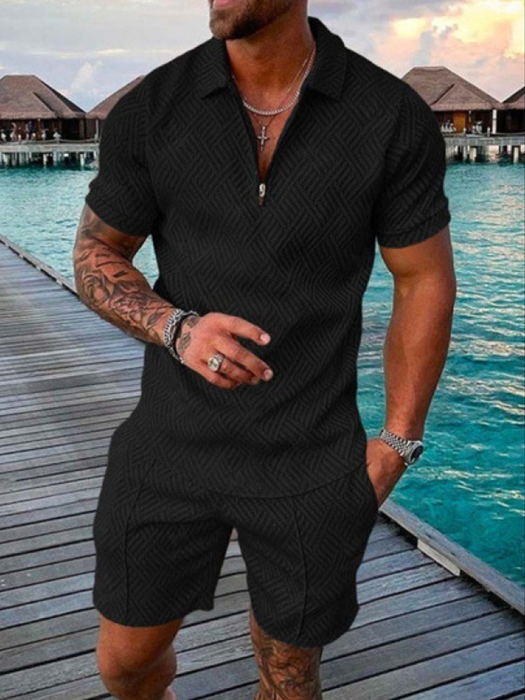 Men's Retro Letter Design Casual Business Short Sleeve Polo Shirt Suit