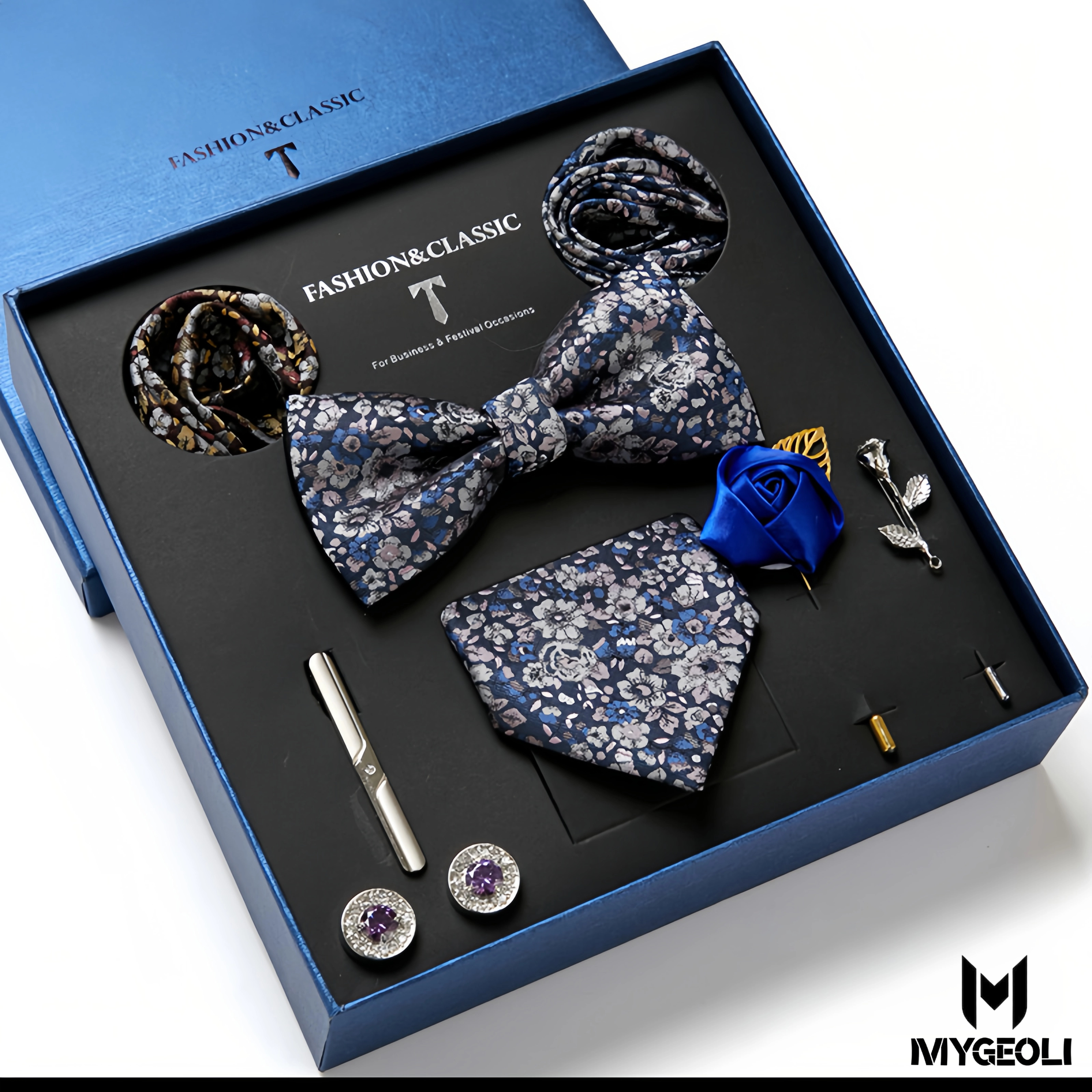 Fashion business tie and square scarf set (1 tie, 1 bow tie, 2 square scarf, 1 pair of cufflinks, 1 tie clip, 2 brooches, blue gift box)