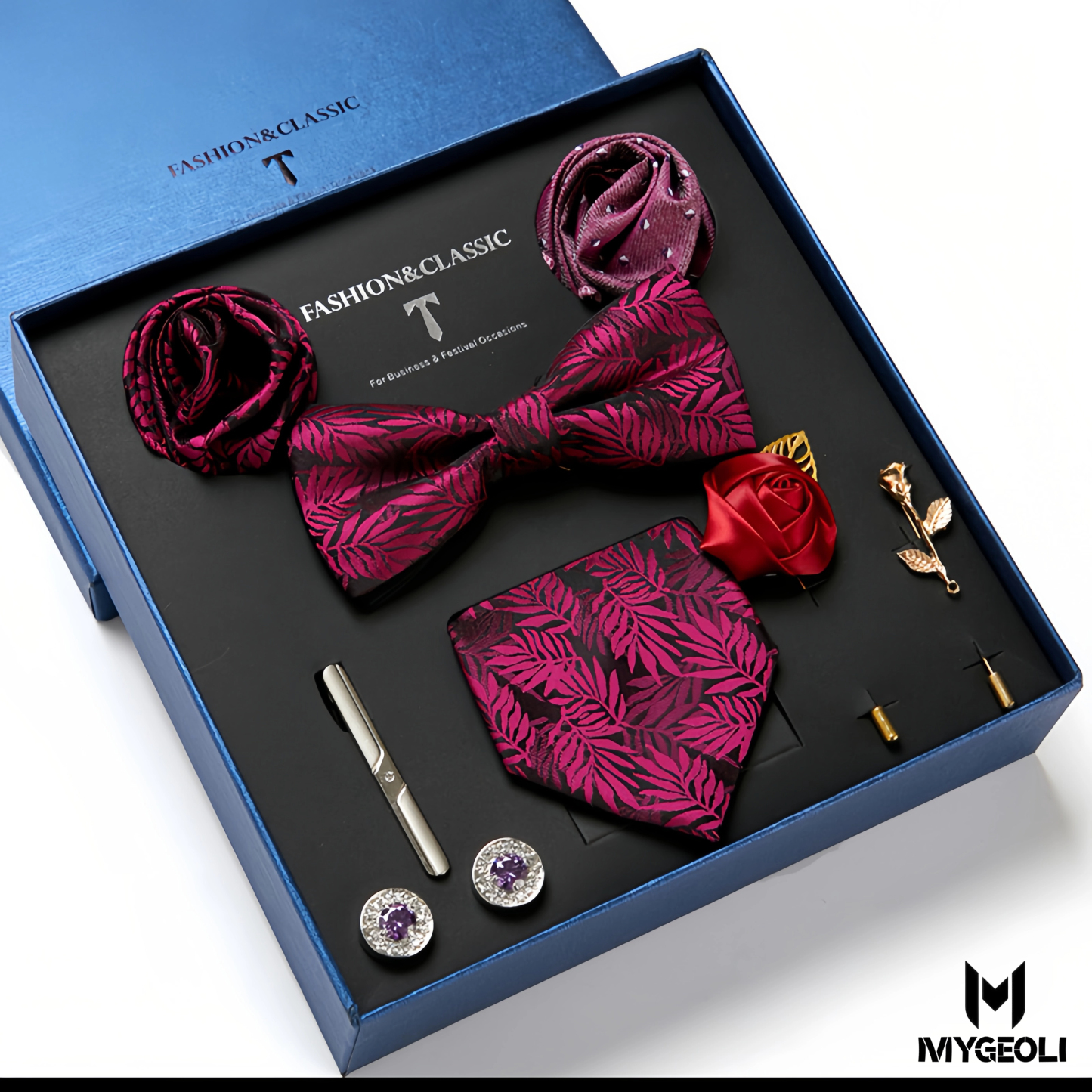 Fashion business tie and square scarf set (1 tie, 1 bow tie, 2 square scarf, 1 pair of cufflinks, 1 tie clip, 2 brooches, blue gift box)