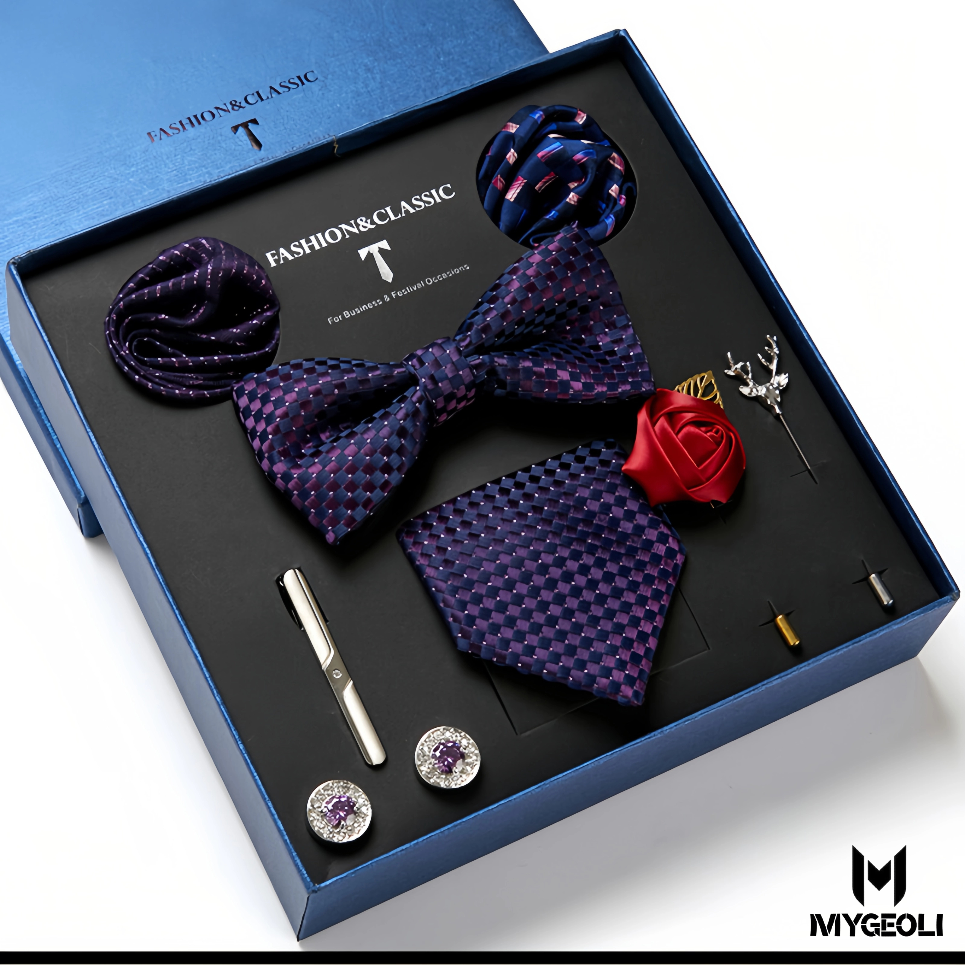 Fashion business tie and square scarf set (1 tie, 1 bow tie, 2 square scarf, 1 pair of cufflinks, 1 tie clip, 2 brooches, blue gift box)