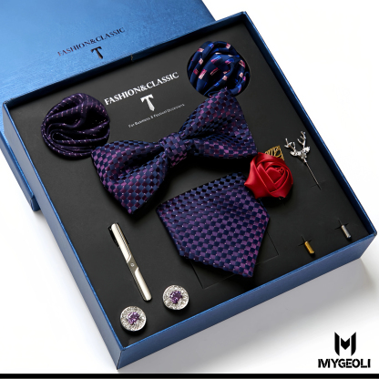 Fashion business tie and square scarf set (1 tie, 1 bow tie, 2 square scarf, 1 pair of cufflinks, 1 tie clip, 2 brooches, blue gift box)