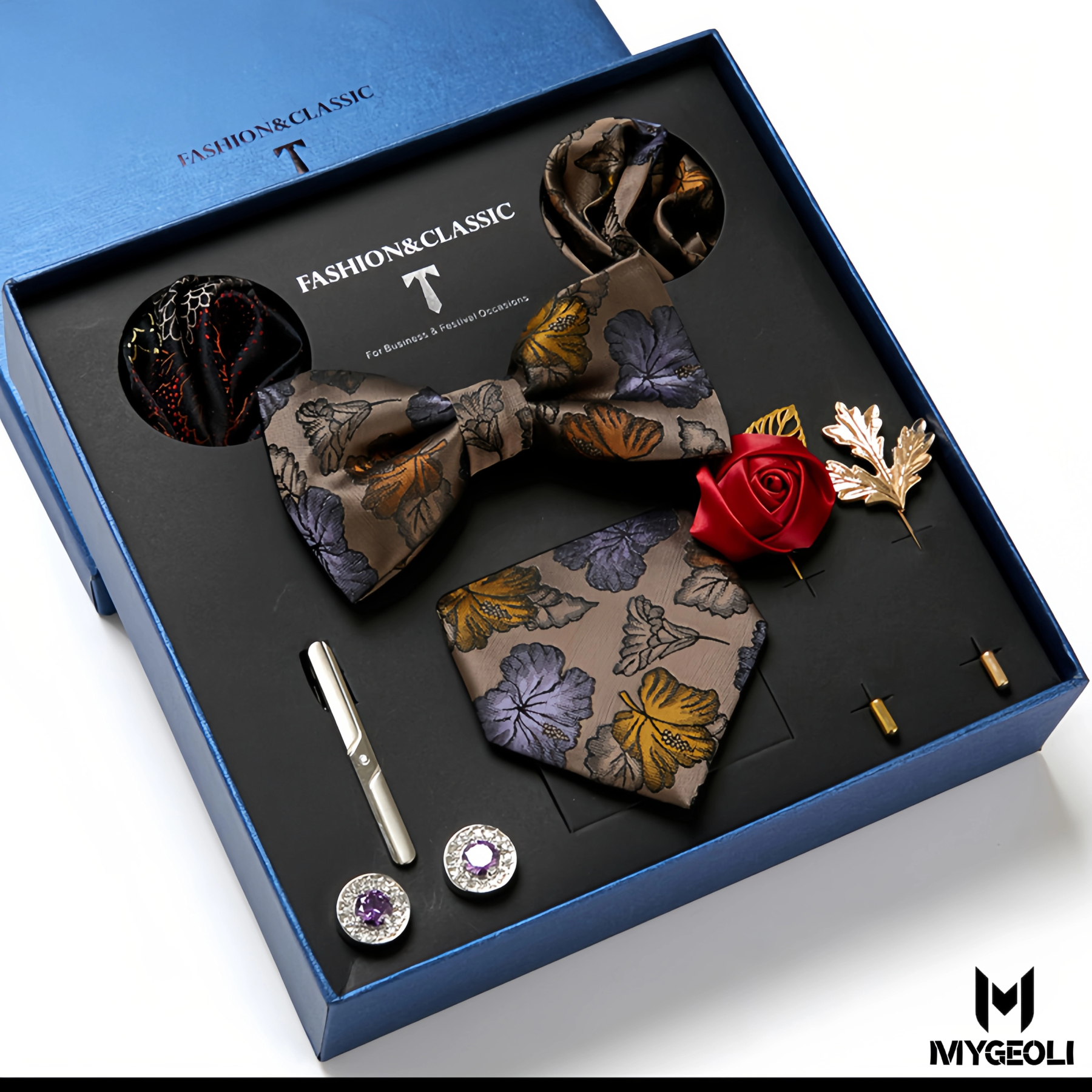 Fashion business tie and square scarf set (1 tie, 1 bow tie, 2 square scarf, 1 pair of cufflinks, 1 tie clip, 2 brooches, blue gift box)